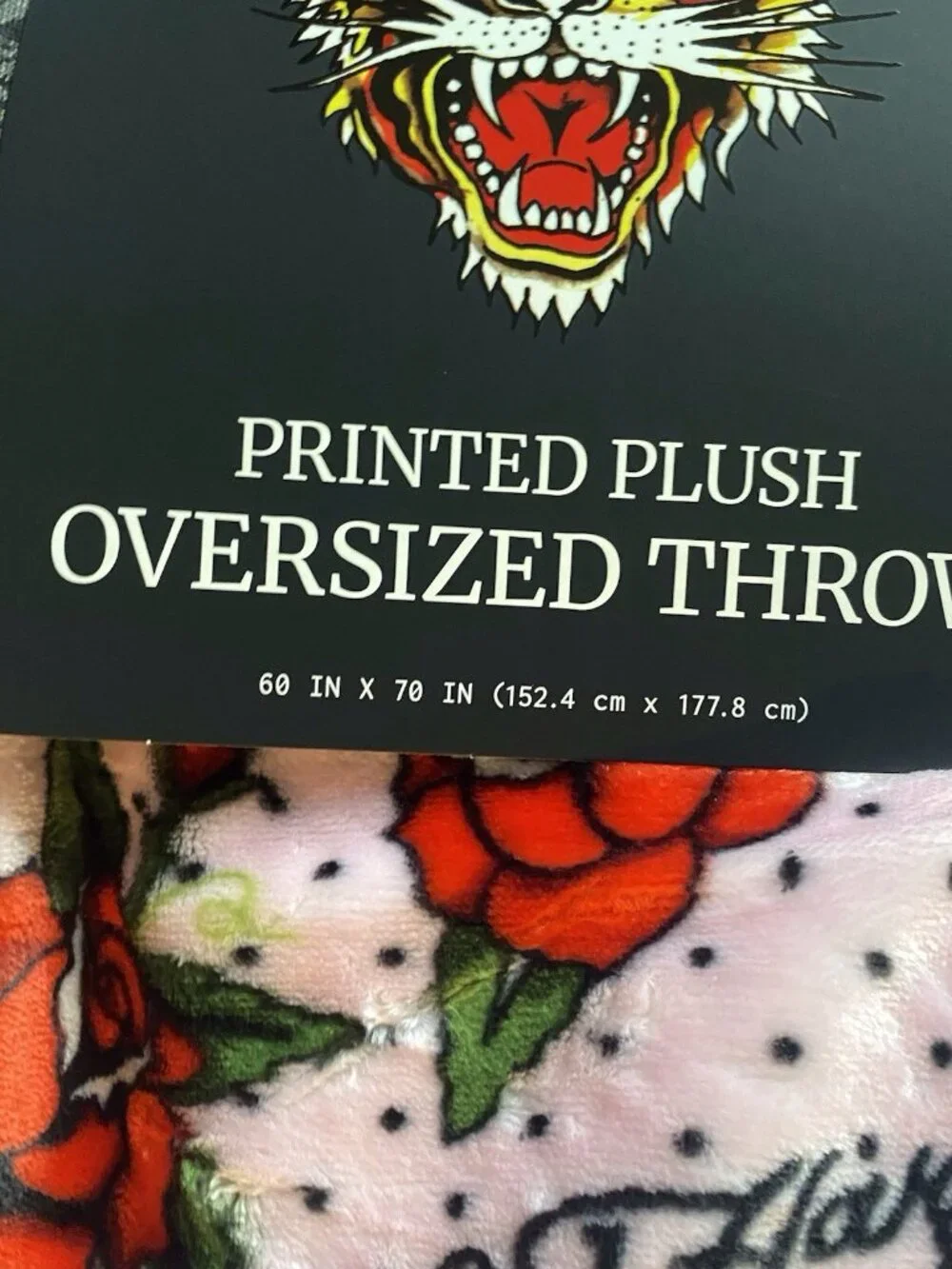 Ed Hardy Pink Plush Oversized Throw Blanket 60” X 70” Roses Polka Dots Tattoo